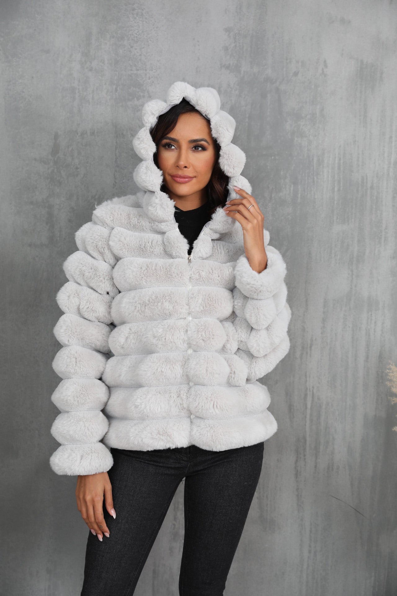 Women's Striped Hooded Imitation Fur Cropped Plush Coats
