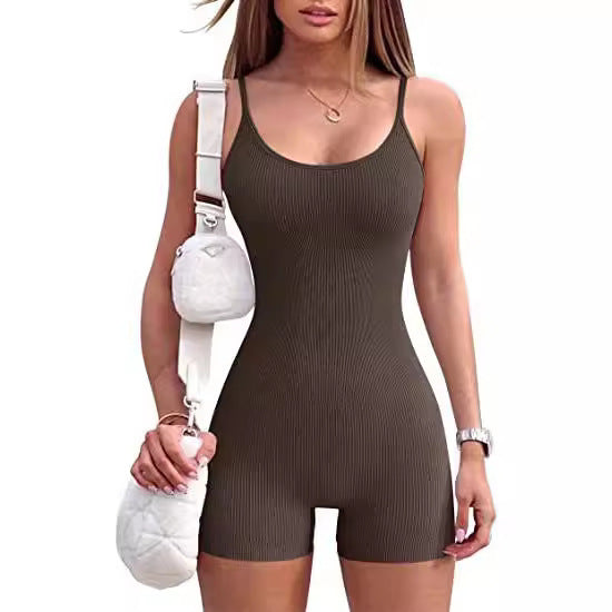 Women's Yoga Romper Ribbed Spaghetti Strap Sports Jumpsuits