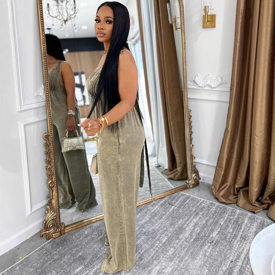 Women's Denim Solid Color Backless Sleeveless Loose Jumpsuits