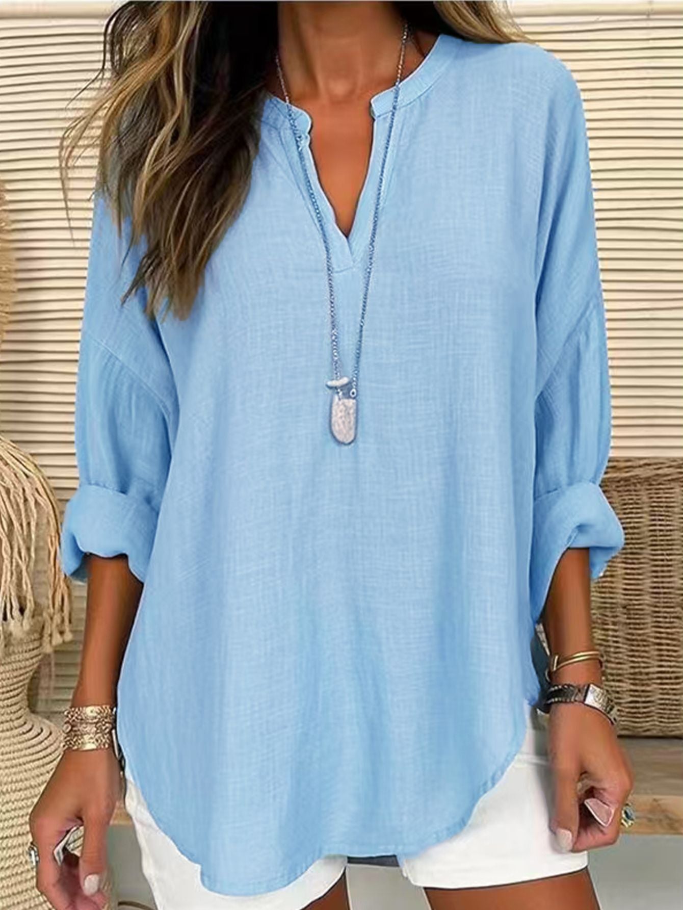 Women's Cotton Linen Solid Color Shirt Blouses