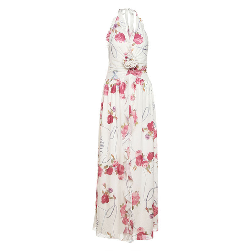 Women's Print Split Sleeveless Slimming Halter Deep Dresses