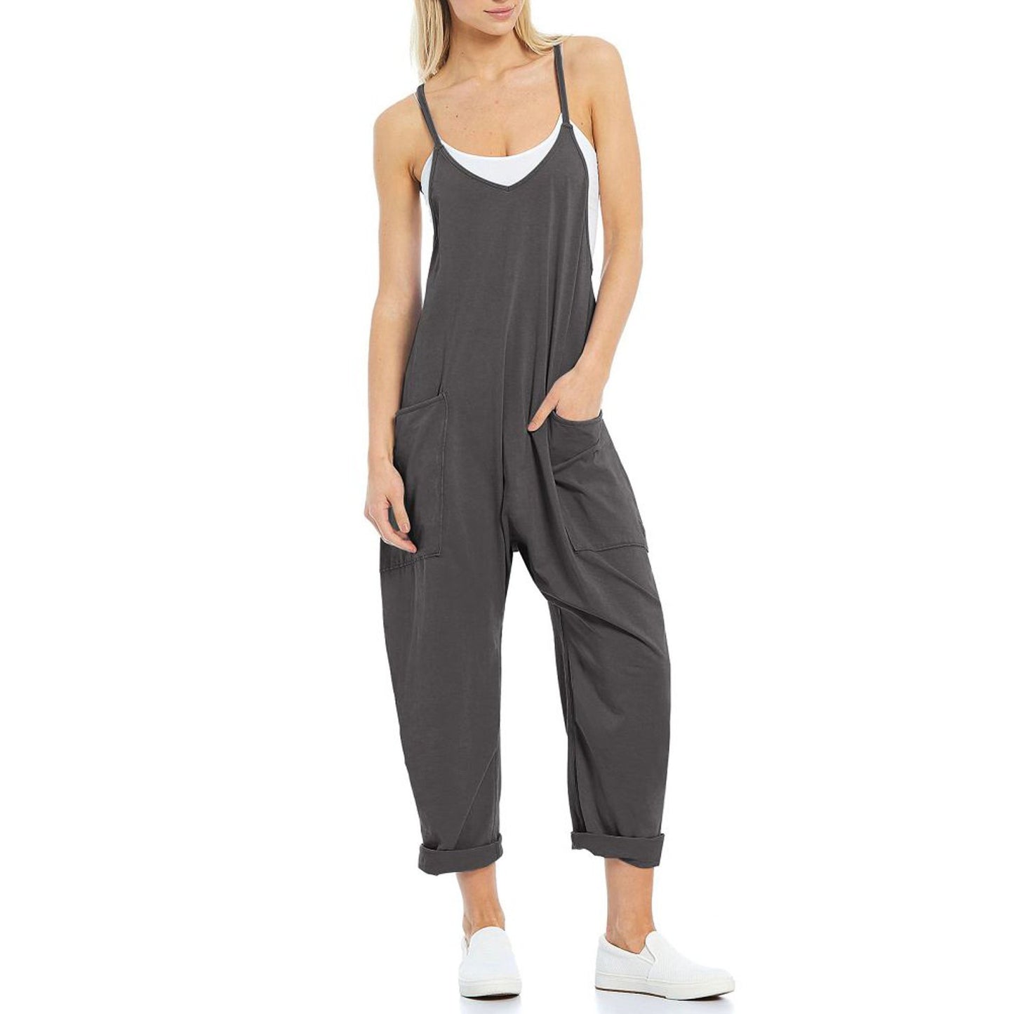 Women's Casual Pocket Spaghetti Straps Knitted One-piece Jumpsuits