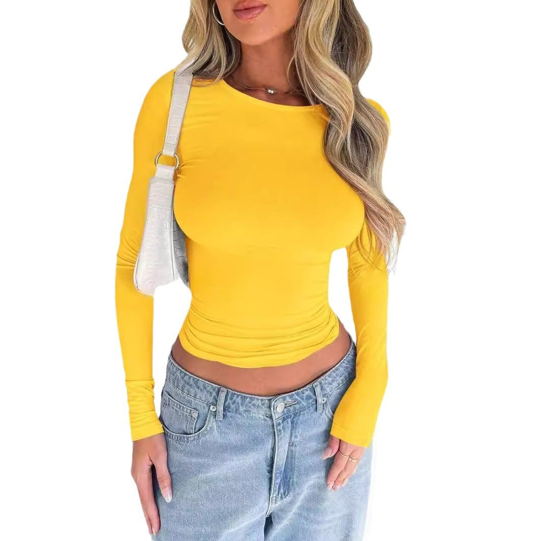 Women's Color Slim Fit Round Neck Long-sleeved Blouses