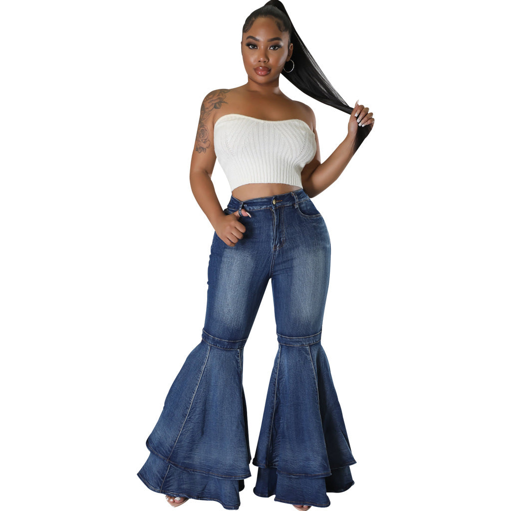 Casual Fashionable Washed Denim Stretch Flared Jeans