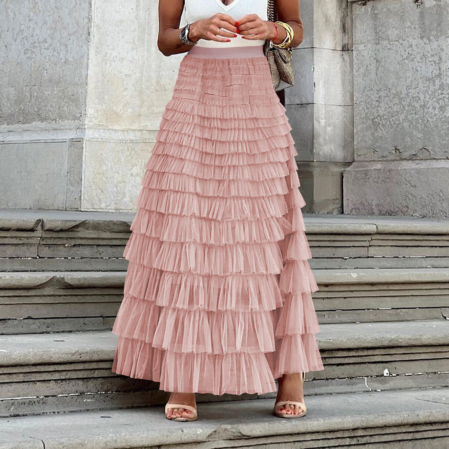 Women's Solid Color High Waist Mesh A- Line Skirts
