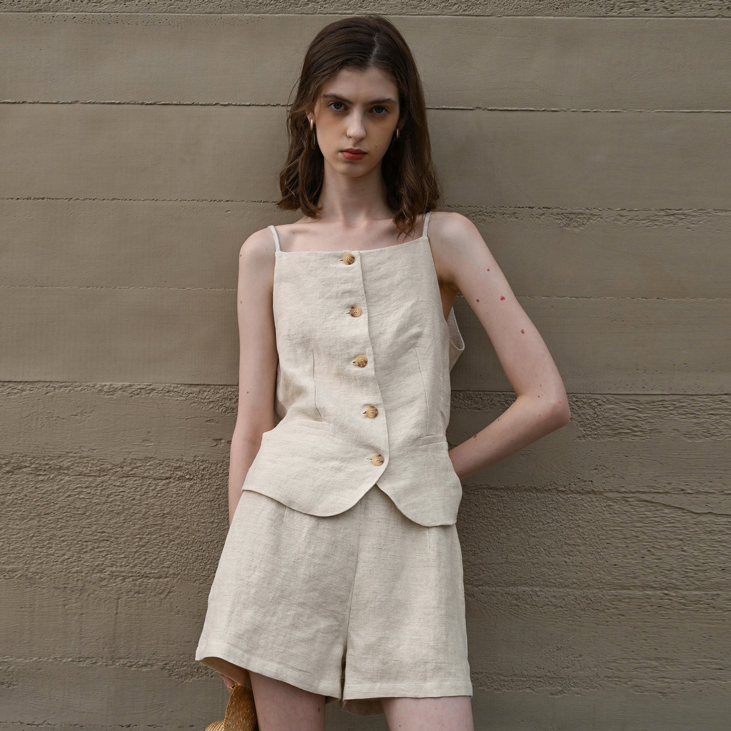 Women's Linen Yarn-dyed High Waist Summer Old Shorts