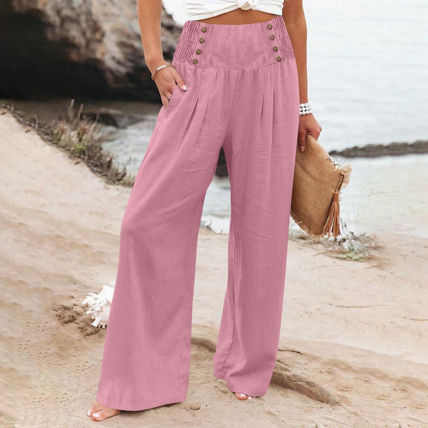 Women's Elastic Waist High Wide Leg Cotton Pants