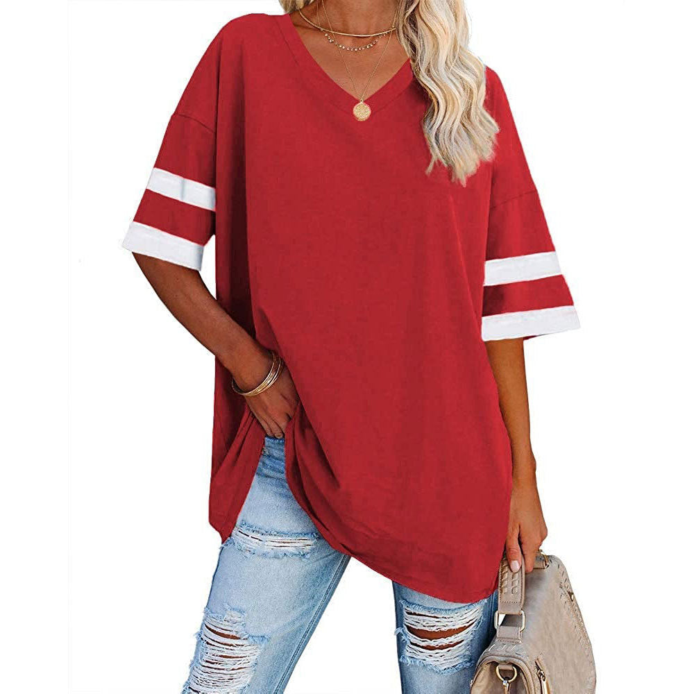 Women's Loose Half Sleeve Contrast Color T-shirt Tops