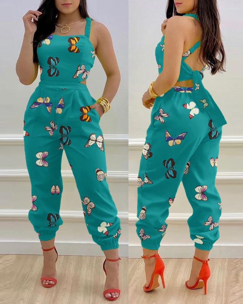 Women's Sling Backless Bow Printed High Waist Jumpsuits