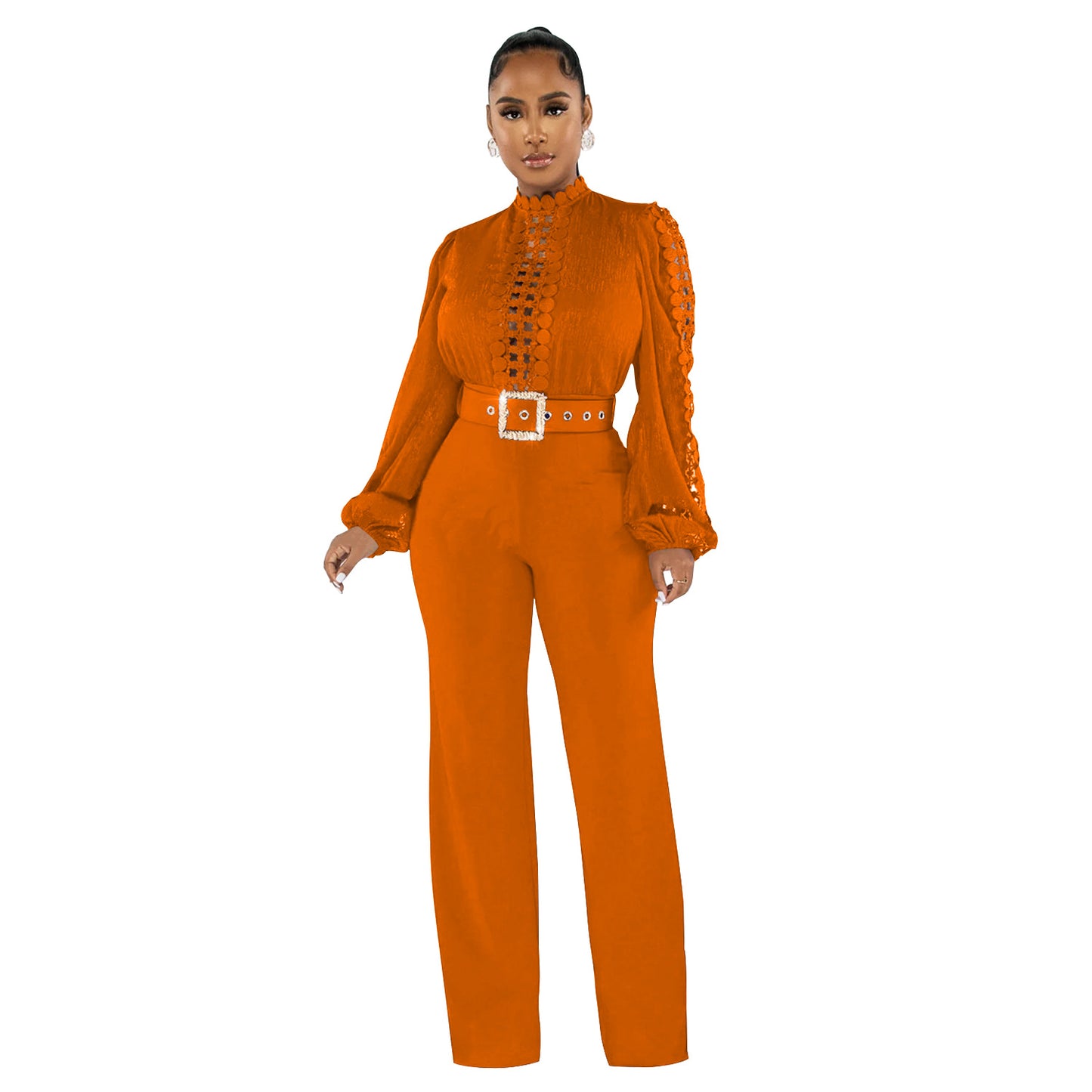 Women's Wear Belt Lace Cutout Solid Color Suits