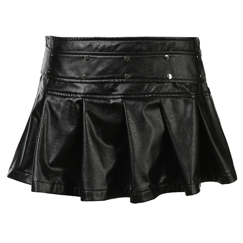 Women's Punk Rivet Belt Pleated Design Low Skirts