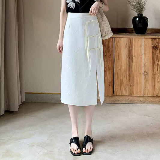 Chinese Style Traditional Jacquard Buckle Mid-length Skirts