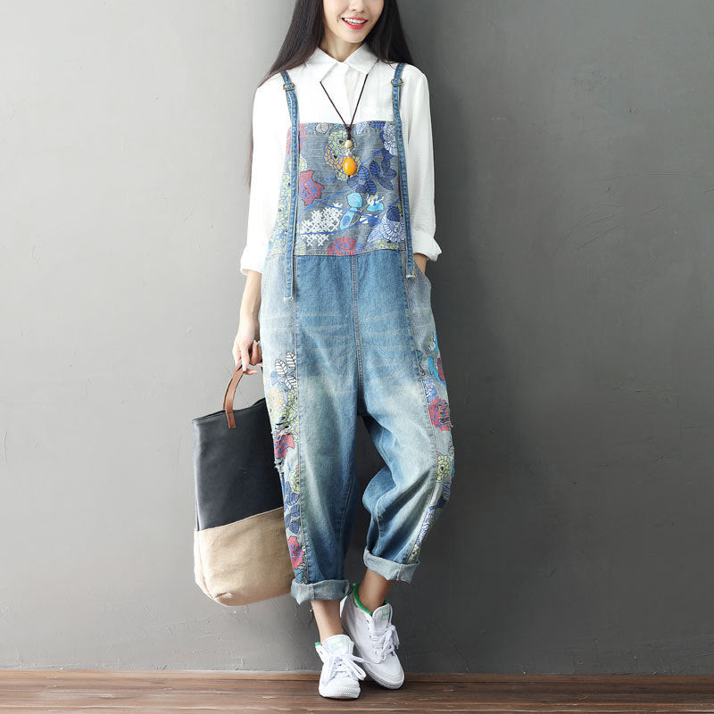 Women's Stitching Printed Suspenders Big Crotch Suspender Jeans
