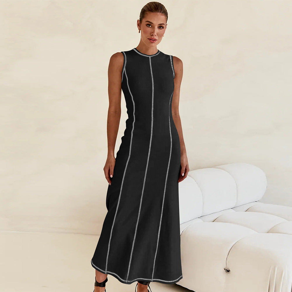 Women's Knitted Long Dress Round Neck Sleeveless Dresses