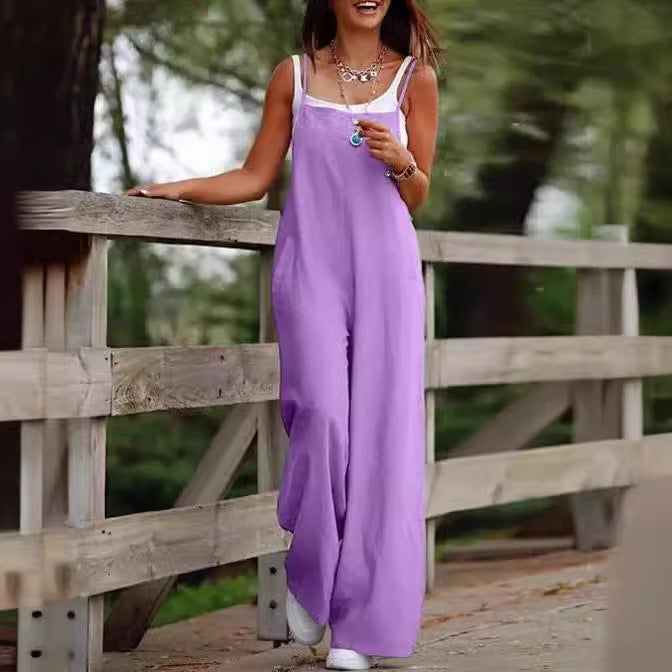 Women's Summer Solid Color Casual Pocket Sling Jumpsuits