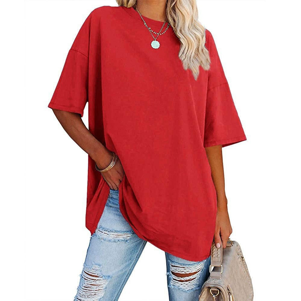 Women's Color Loose Half Sleeve Round Neck Blouses
