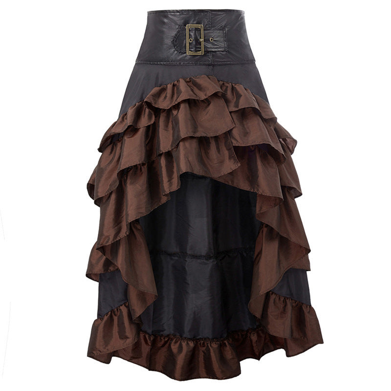 Retro Front Long Back Irregular Ruffles High Waist Stitching Dresses