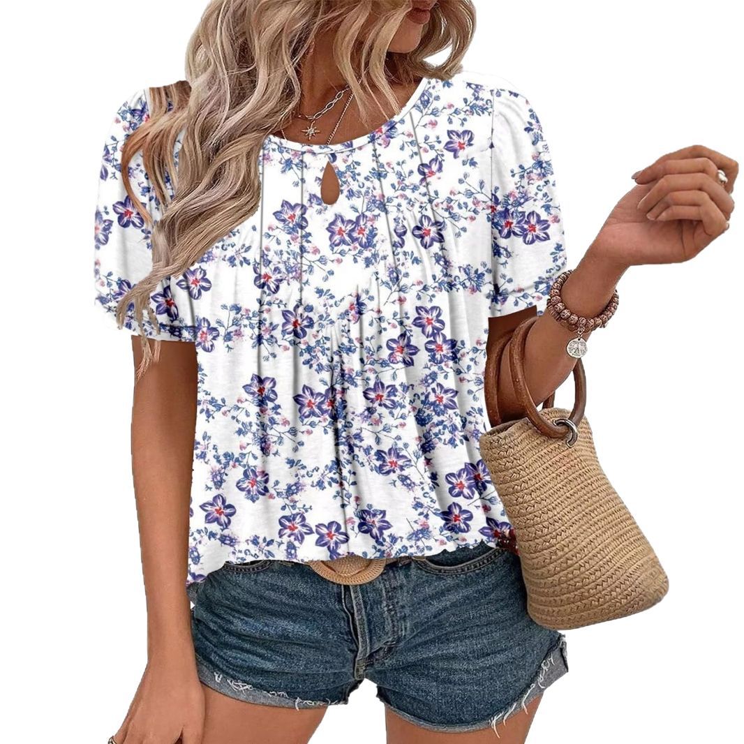 Women's Floral Print Round Neck Ripped Leisure Blouses