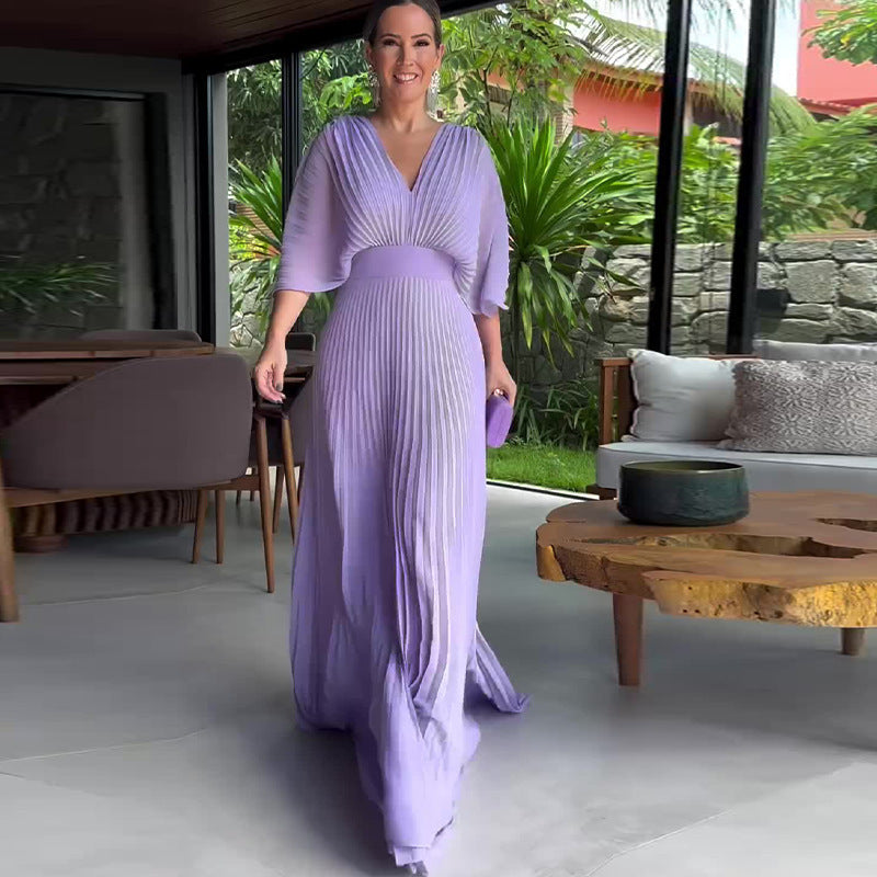 Women's Color Pleated Bat Sleeve High Waist Big Swing Long Dresses