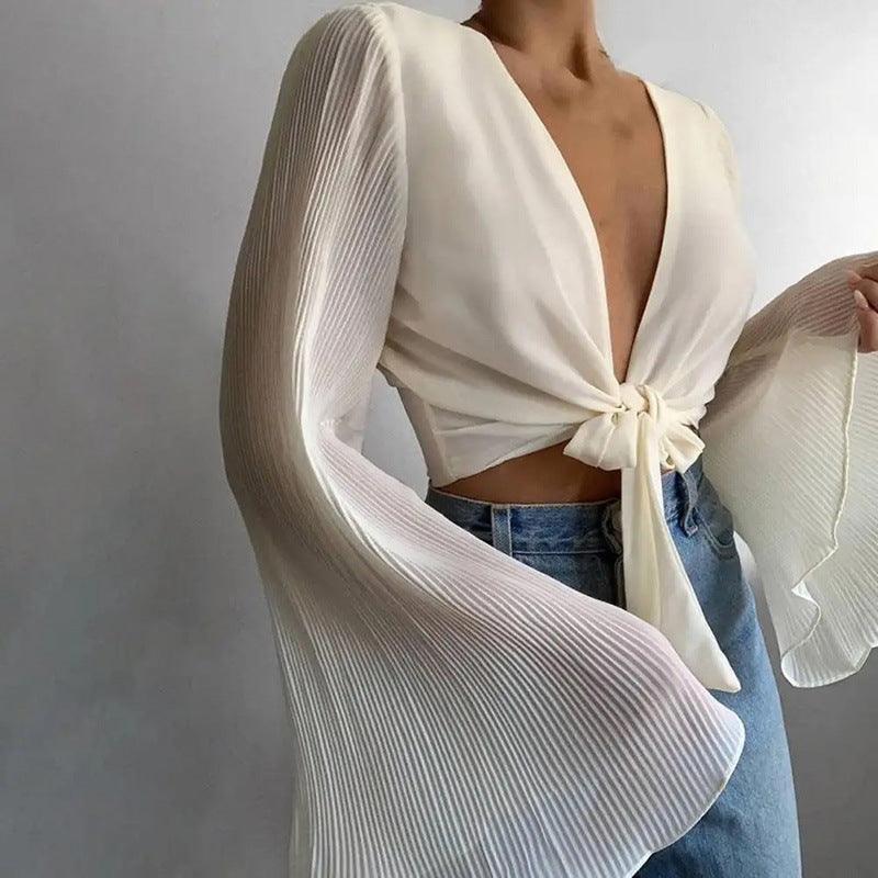 Mature Solid Color Pleated Extra Long Flare Sleeve Slim Blouses