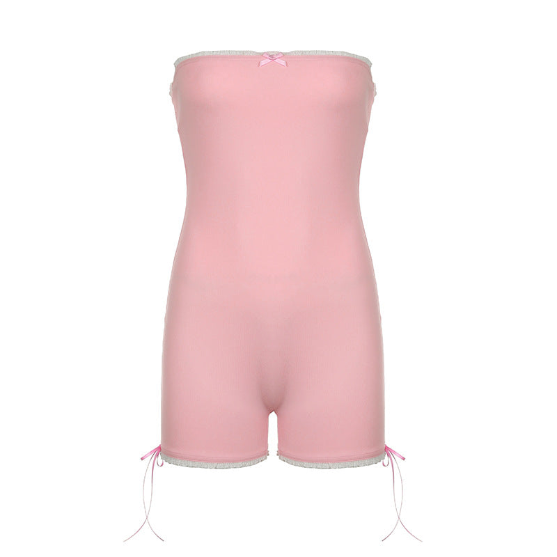 Lace Stitching Contrast Wrapped Chest Sleeveless Skinny Shorts