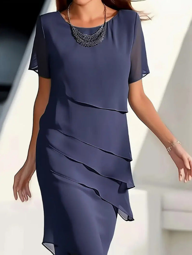 Women's Solid Color Sleeve Glitter Ruffles Crew Dresses