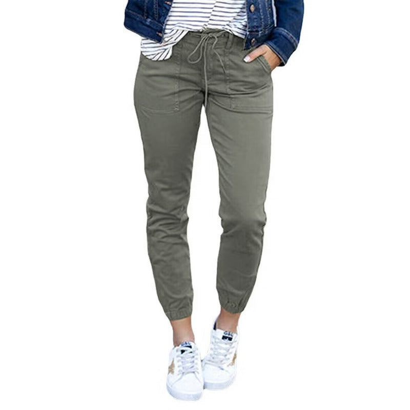 Women's Pocket Cropped Spring Pure Color Tied Pants
