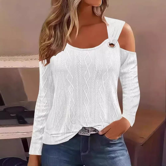 Leisure Metal Buckle Jacquard Long-sleeved T-shirt Blouses