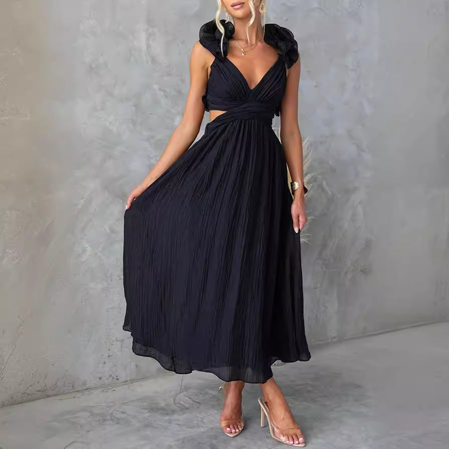 Women's Summer Sexy Sleeveless Solid Color Pleated Dresses