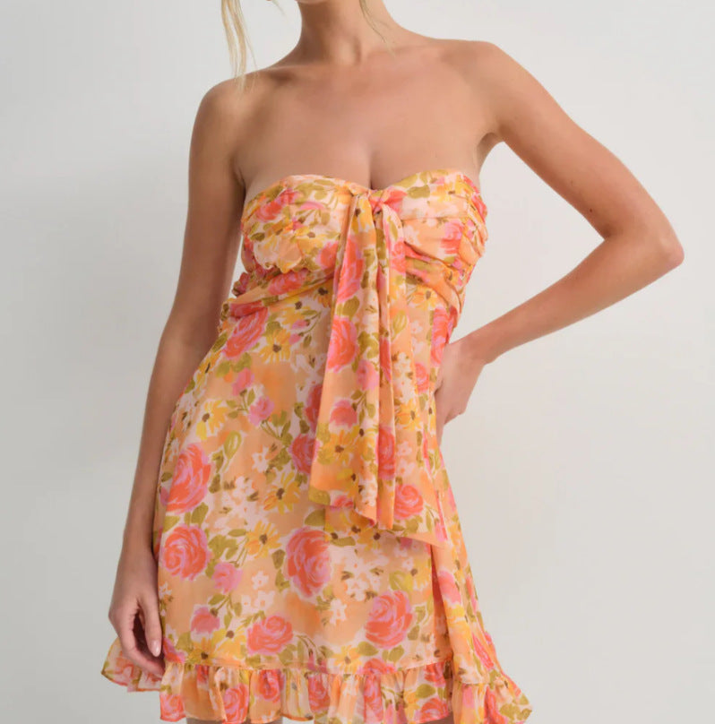 Sexy French Style Printed Translucent Floral Strapless A- Dress