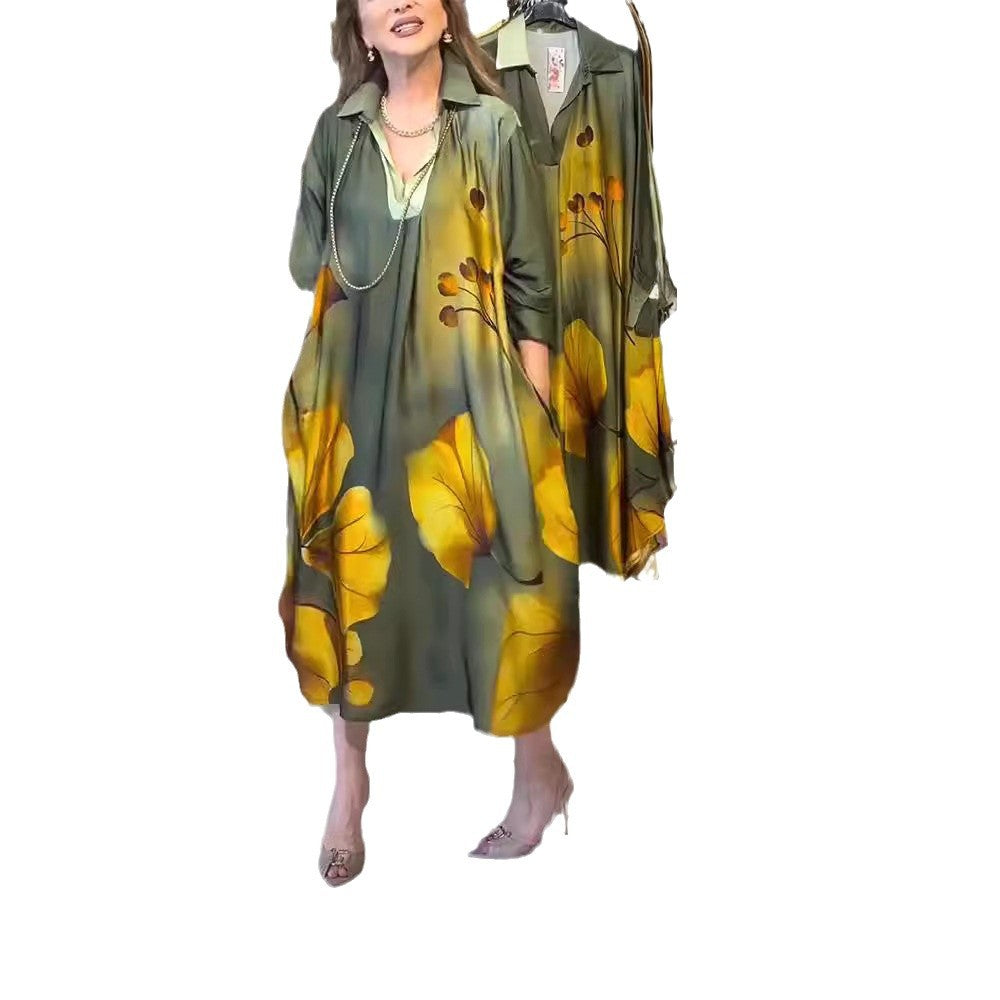 Women's Autumn Print Lapel Long Sleeve Loose Dress