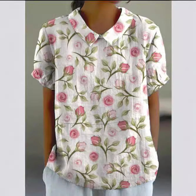 Women's Summer Loose Print Crew Neck Casual Blouses