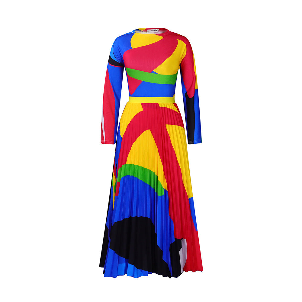 Autumn Pleated Print Contrast Color Long Sleeve Fashion Suits