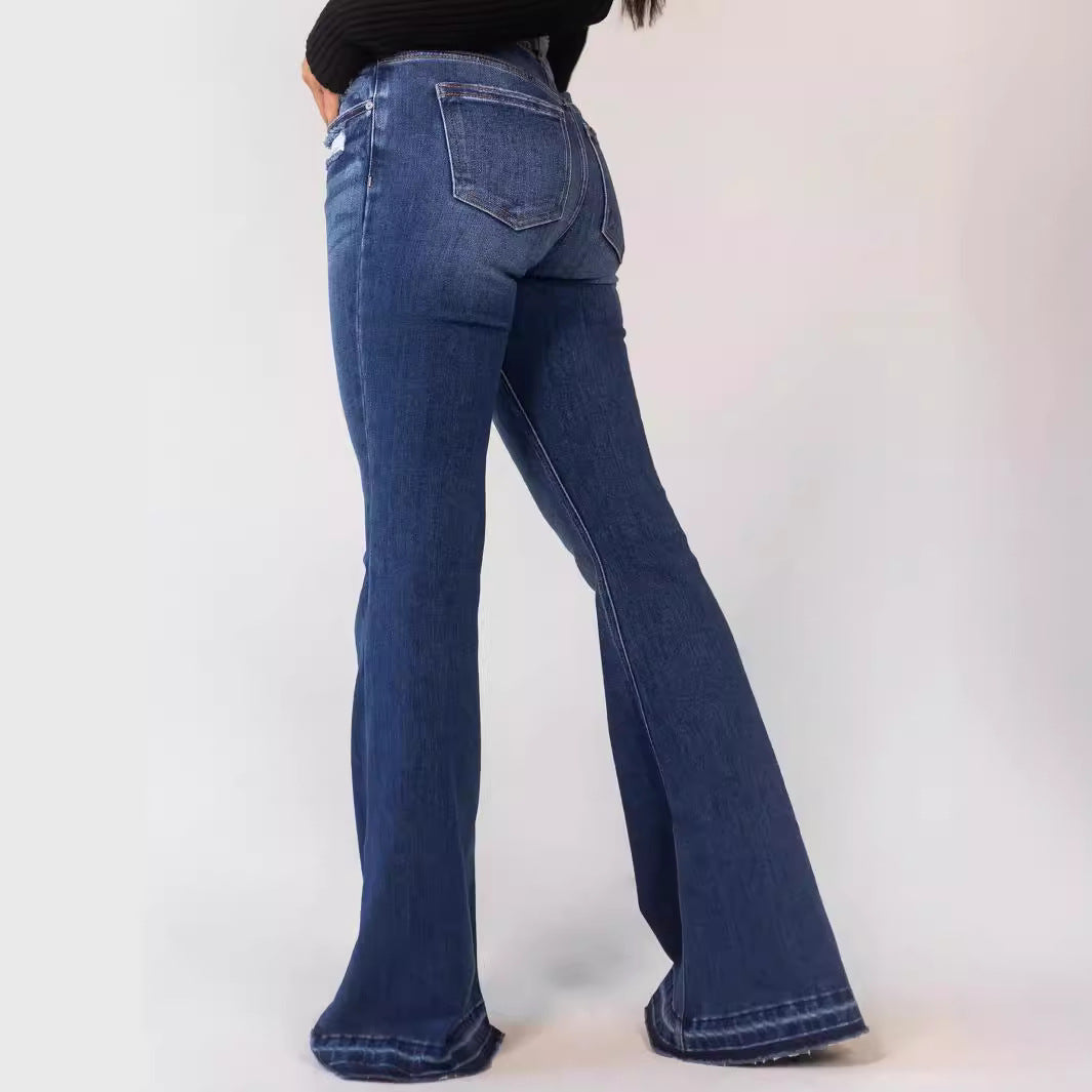 Women's Unique Ripped Button Stretch Bell-bottom Jeans