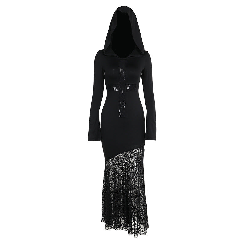 Women's Lace Cross Hollow Out Stitching Long Sleeve Dresses