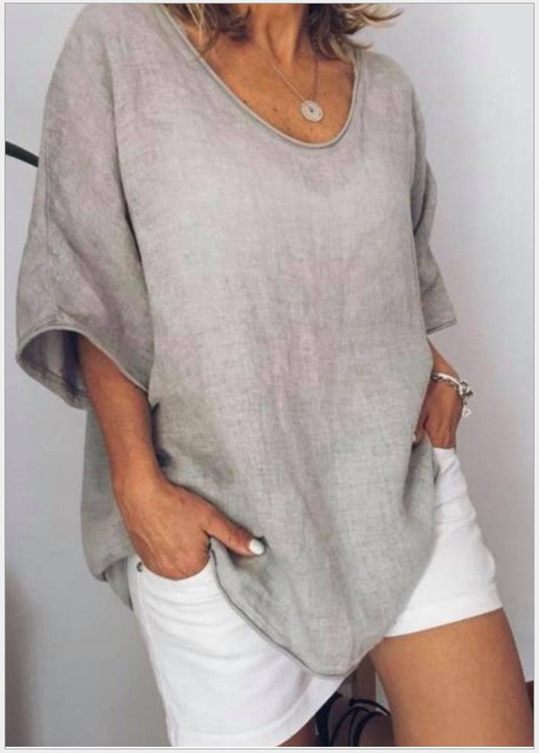 Solid Color Loose Sleeve Casual Cotton Blouses