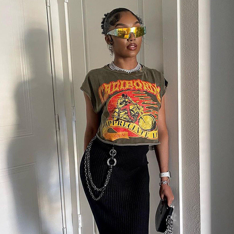 Neck Printed Sleeveless T-shirt Female Hot Shorts