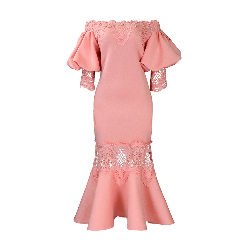 Women's Puff Sleeve Lace Stitching Banquet Fishtail Dress