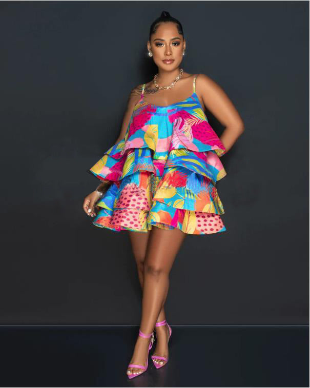 Women's Layered Printed Plastic Fishbone Suspender Dress Dresses