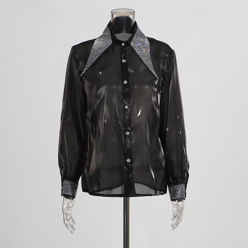 Women's Commute Style Spring Lapel Diamond Micro Transparent Blouses