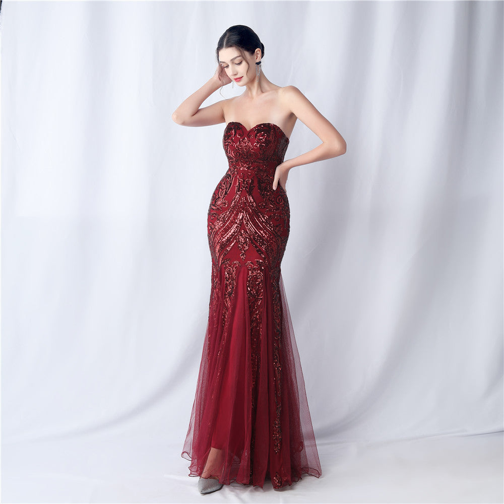 Flower Cut Mesh Sequin Dinner Toast Evening Dresses