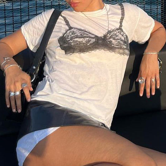 Design Contrast Color Lace Corset Printed T-shirt Blouses