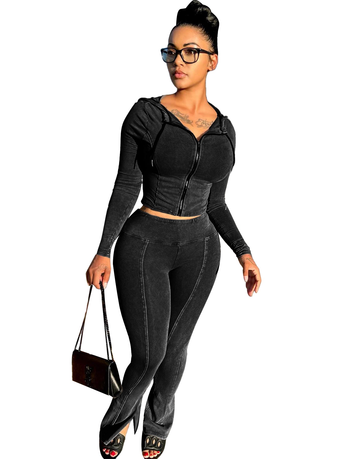 Women's Washed Old Hooded Bell-bottom Two-piece Casual Suits