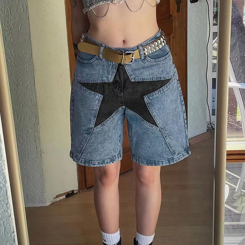 Women's Loose Contrast Color Five-pointed Star Patch Jeans
