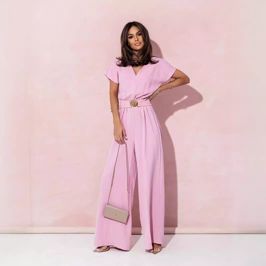 Women's Solid Color Waist Trimming Short-sleeved Casual Jumpsuits