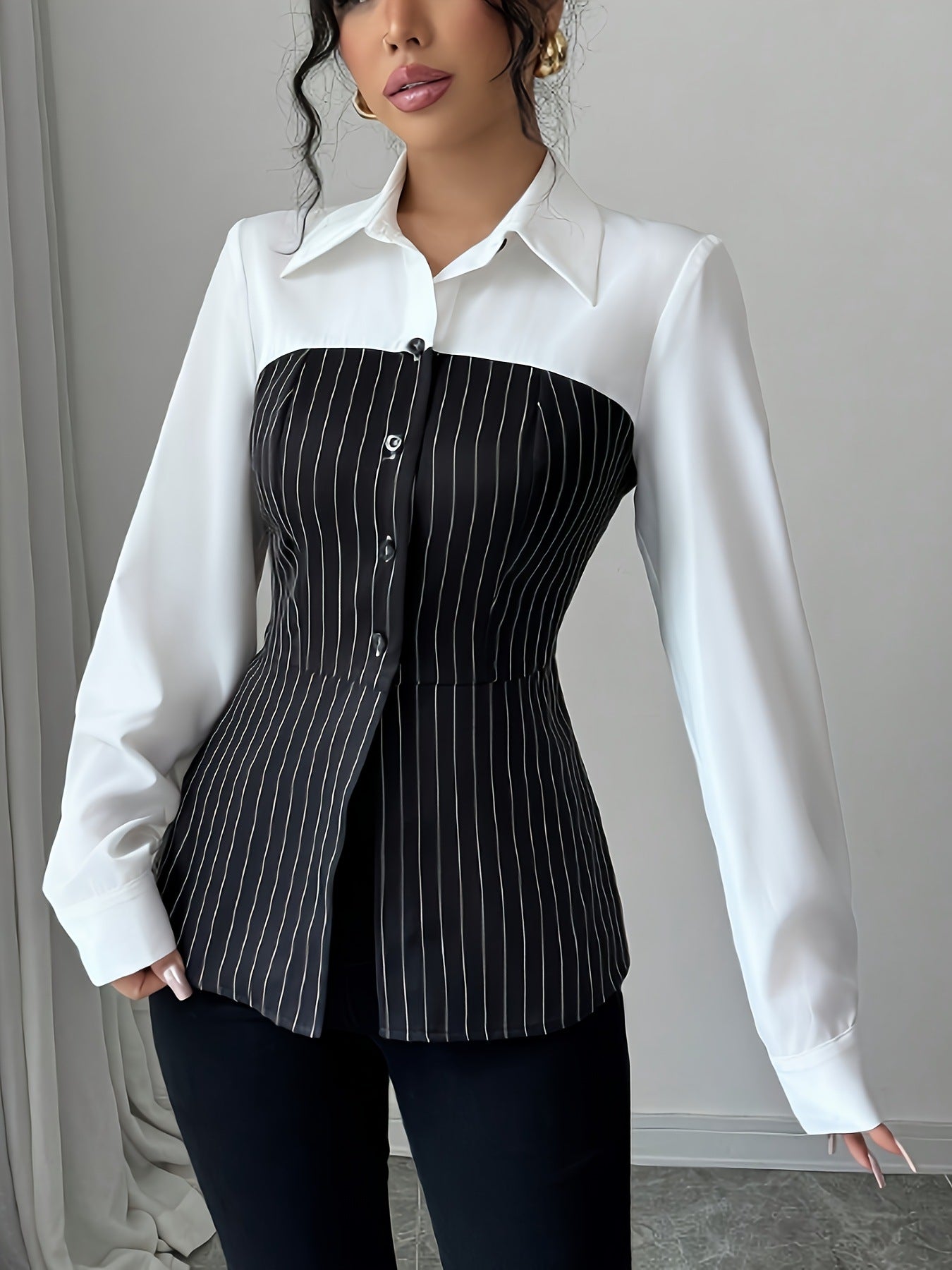 Popular Shirt Collar Single-breasted Patchwork Stripes Blouses
