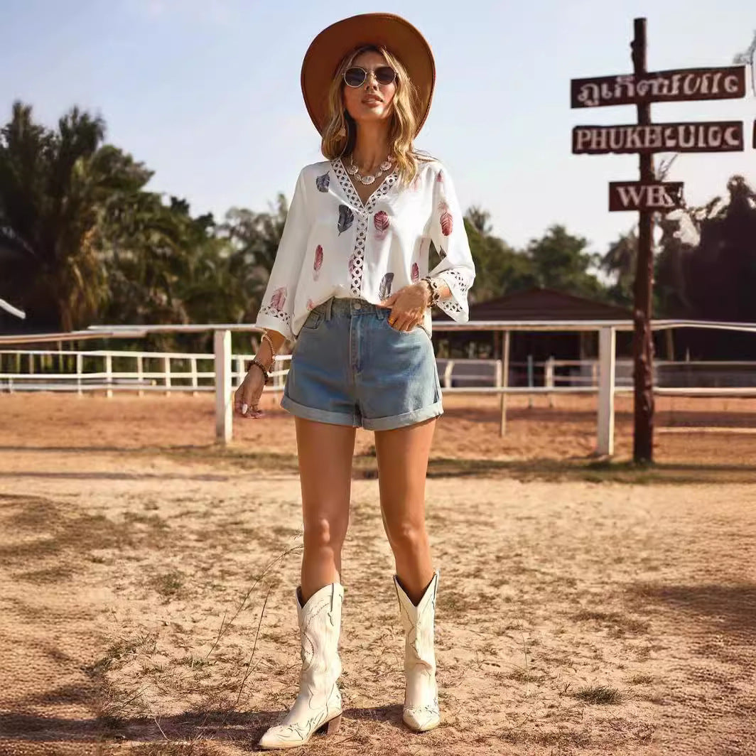 Women's Summer Shirt Fashion Lace Stitching Sleeve Blouses