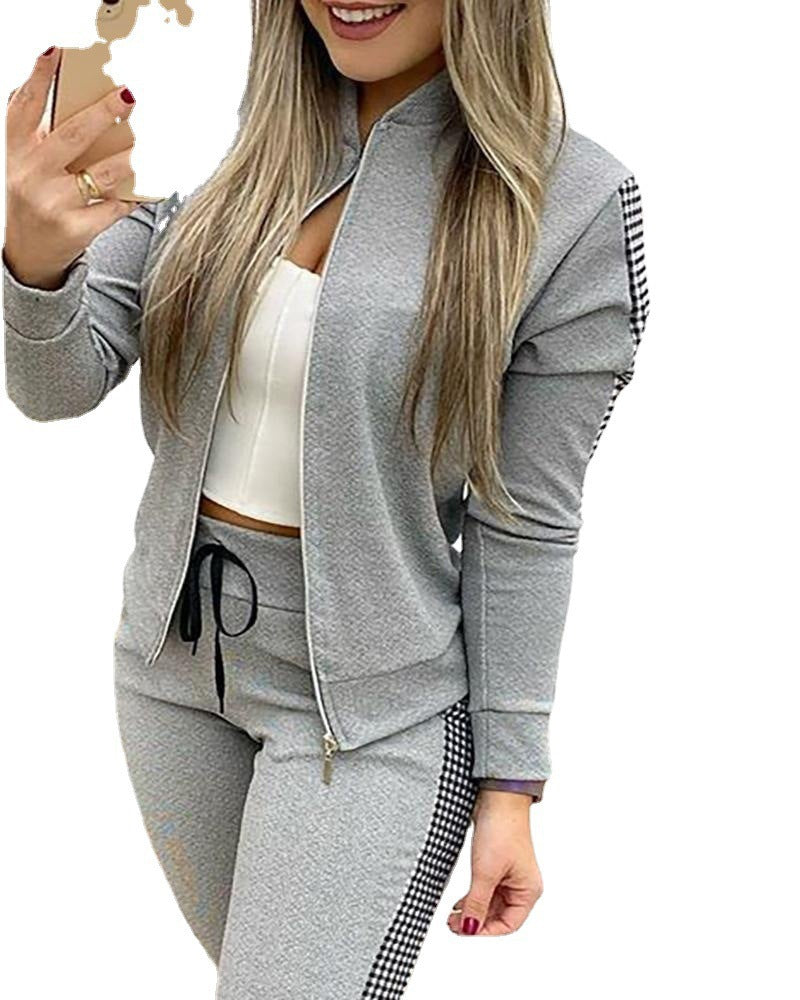 Women's Long Sports Zipper Stitching Plaid Fashion Casual Suit