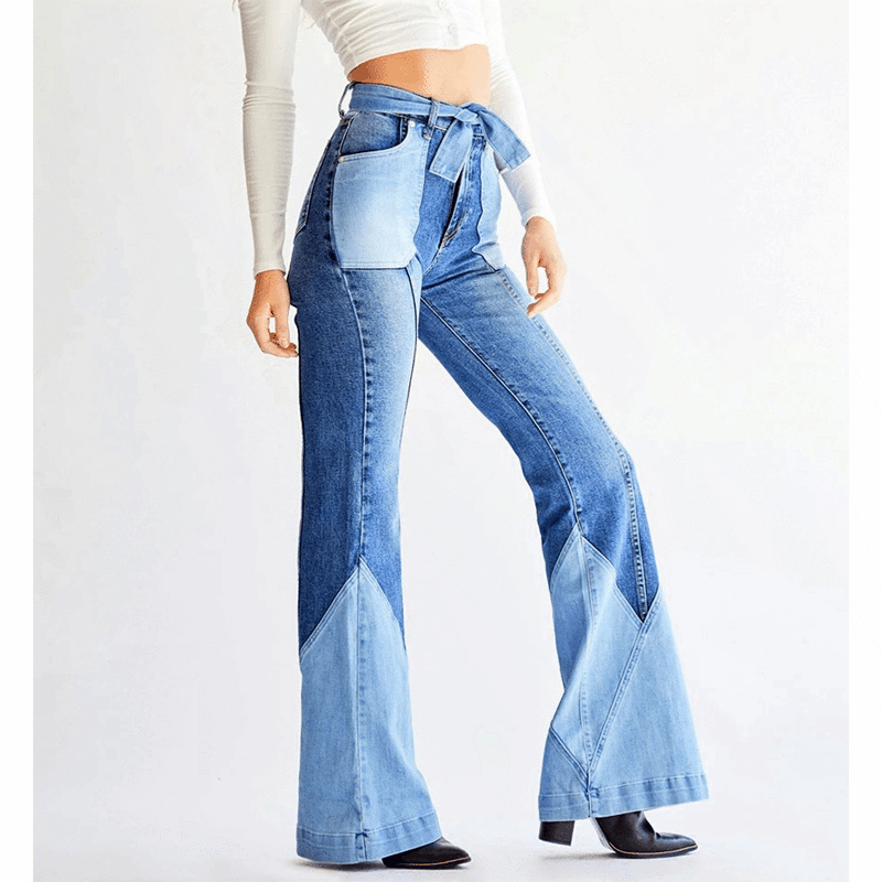 Women's Retro High Waist Two-color Stitching Belt Jeans