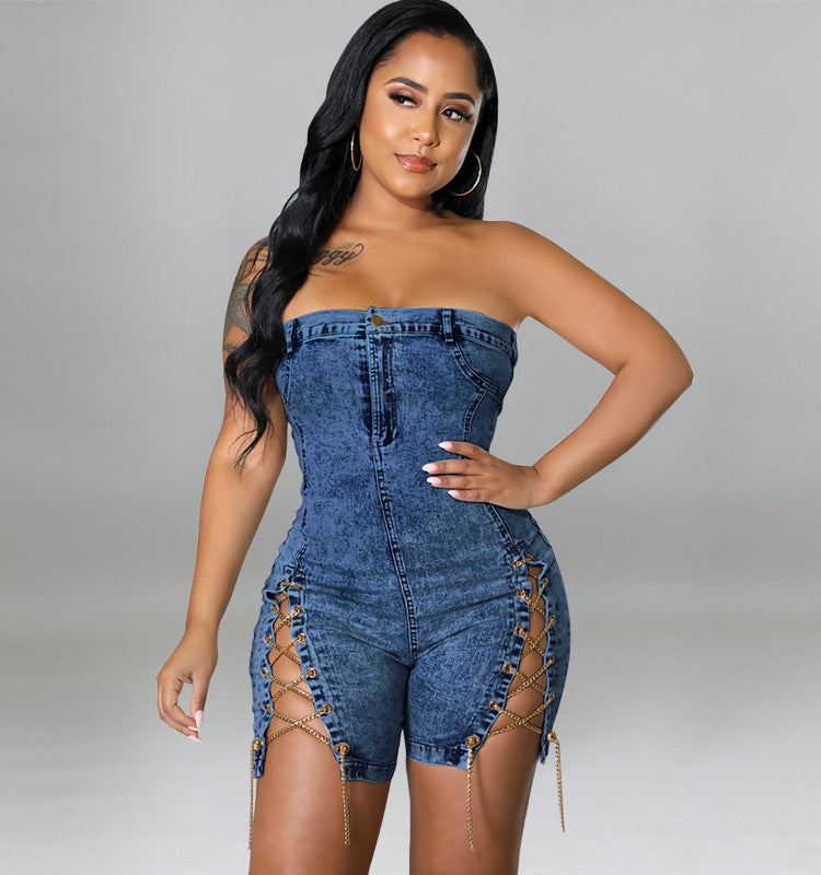Women's Spring Wear Copper Chain Sexy Denim Jumpsuits